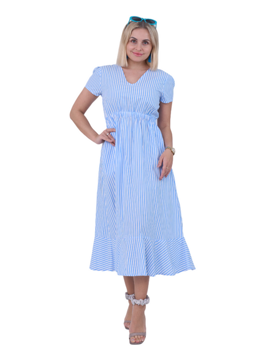 BLUE STRIPES DRESS WITH BOW AT THE BACK