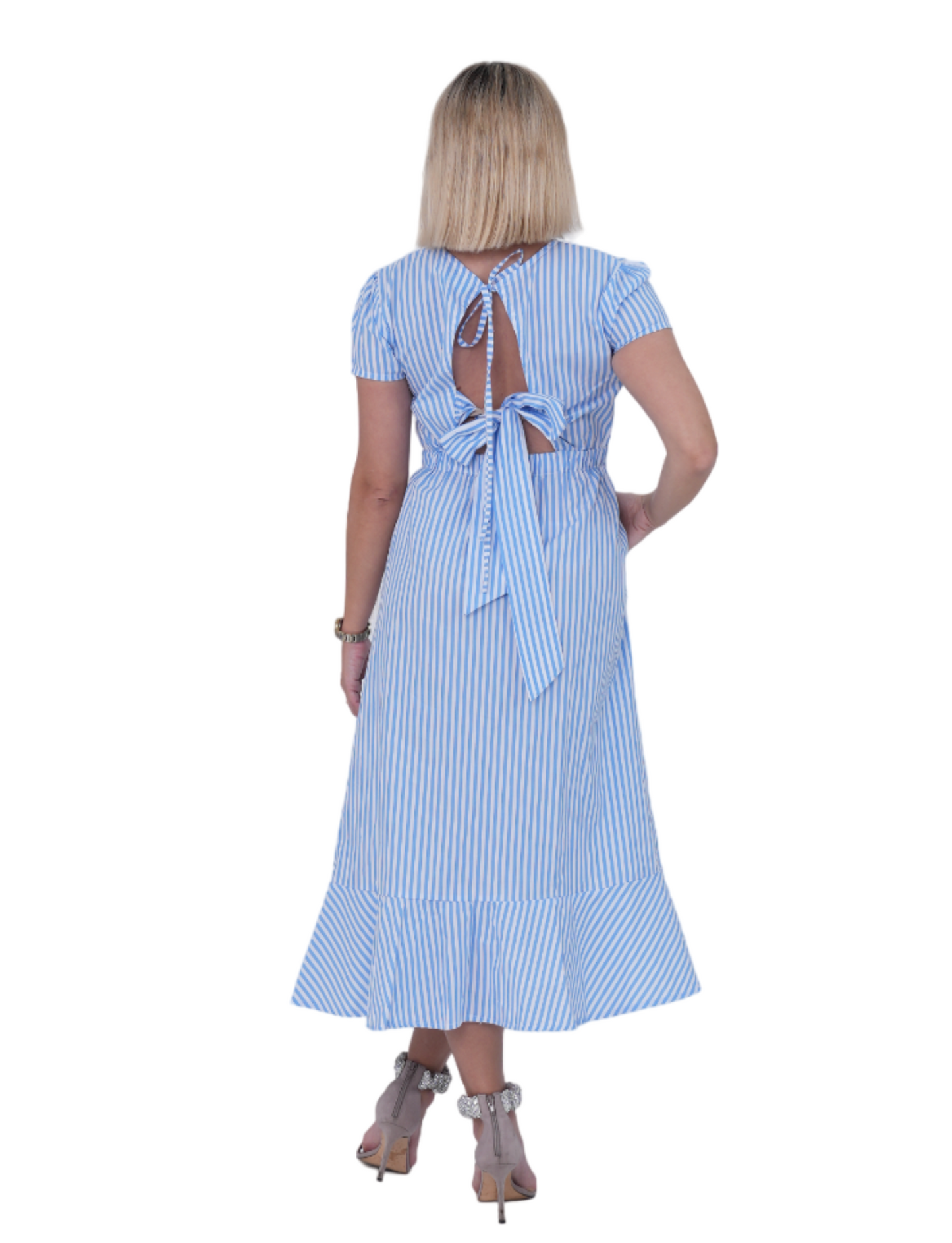 BLUE STRIPES DRESS WITH BOW AT THE BACK