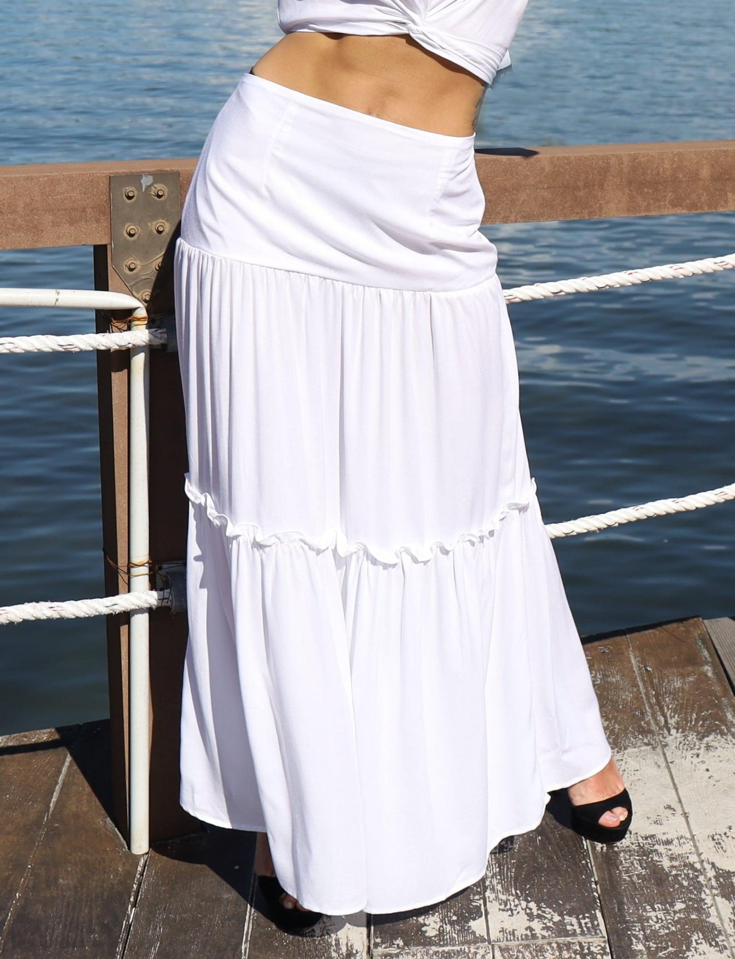 WHITE TIERED MAXI SKIRT -  - Acqua Bonita