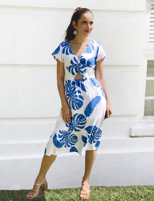 ALCANTARA IBIZA BLUE DRESS WITH FRONT CUT-OUT - Woman Dress - Acqua Bonita