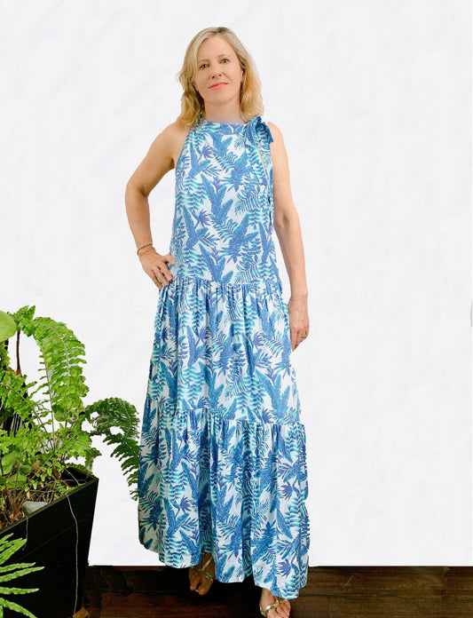 LOULOU HALTER DRESS - BLUE PALM - Woman Dress - Acqua Bonita