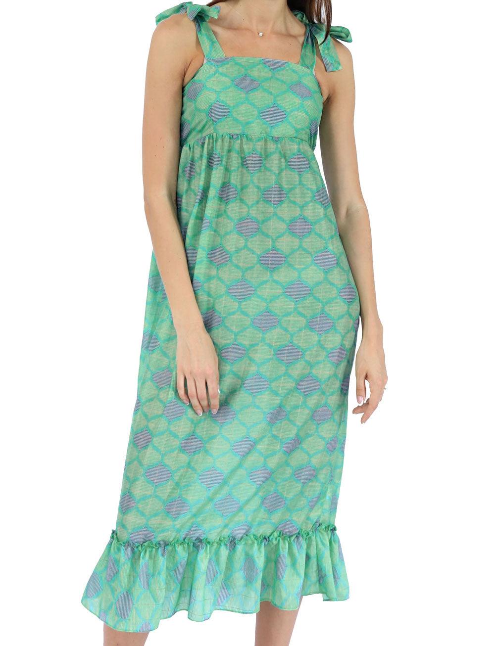 SHOULDER BOW DRESS IN GREEN IKAT DESIGN - Woman - Acqua Bonita