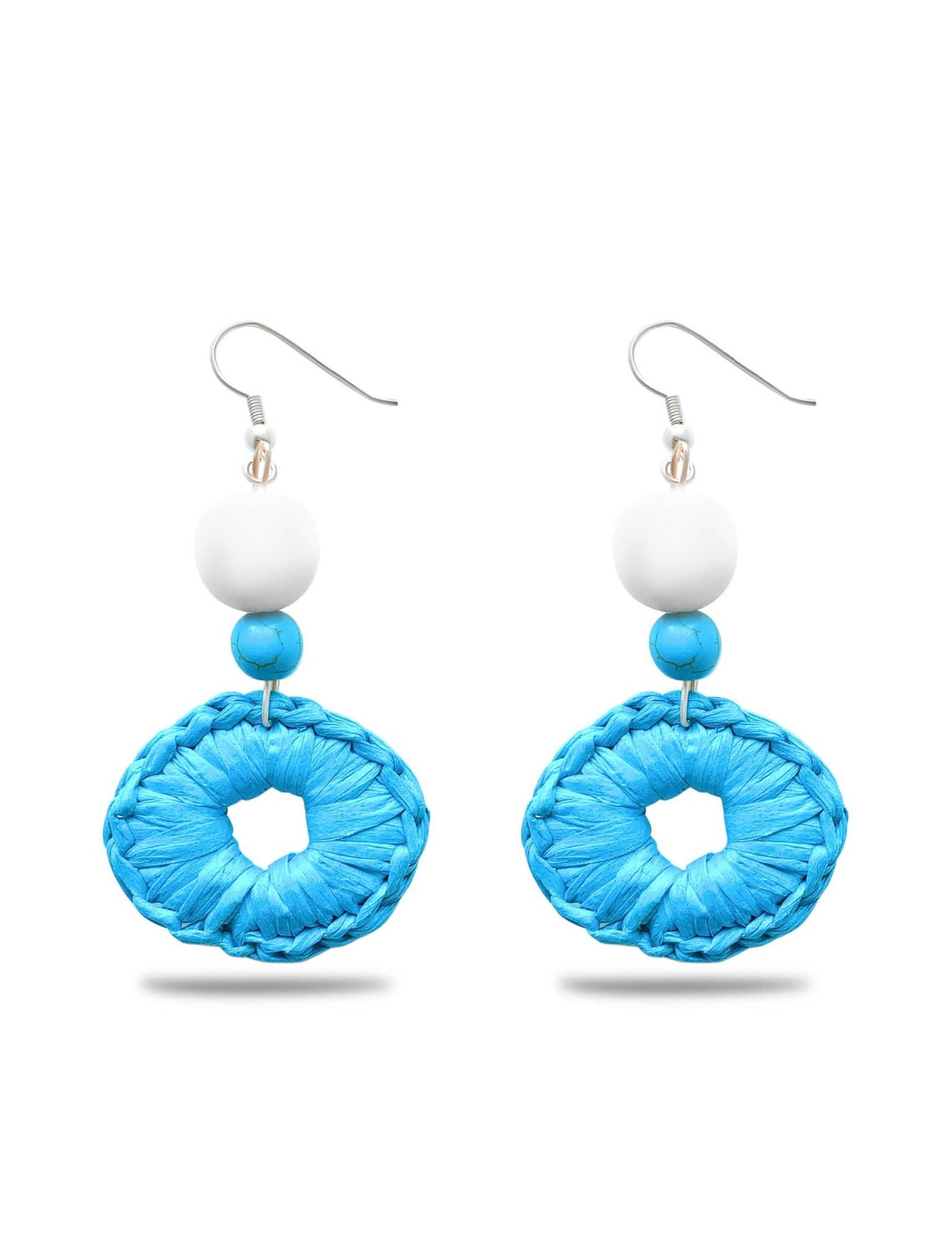 Turquoise raffia and white bead hook earrings - Earrings - Acqua Bonita