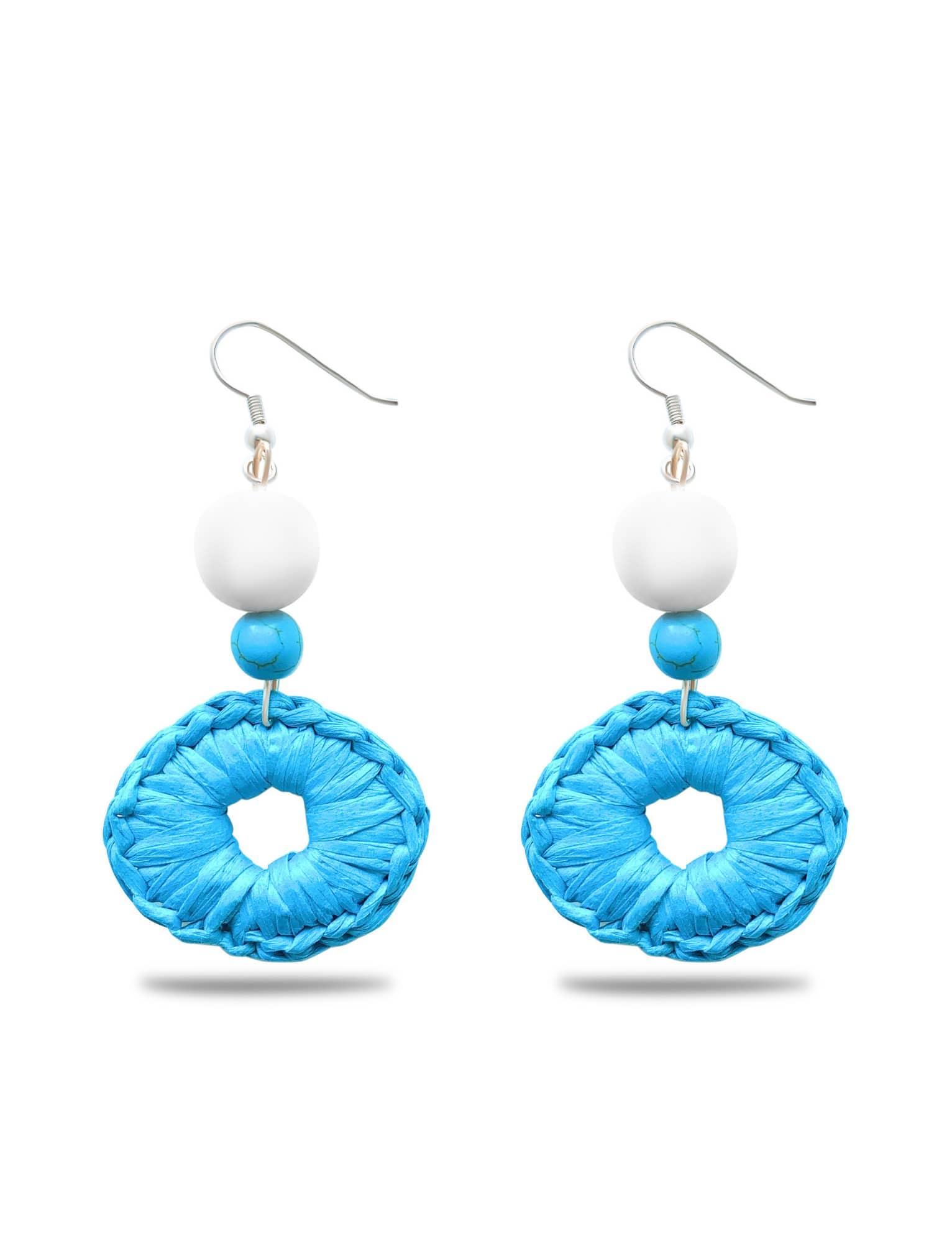 Turquoise raffia and white bead hook earrings - Earrings - Acqua Bonita